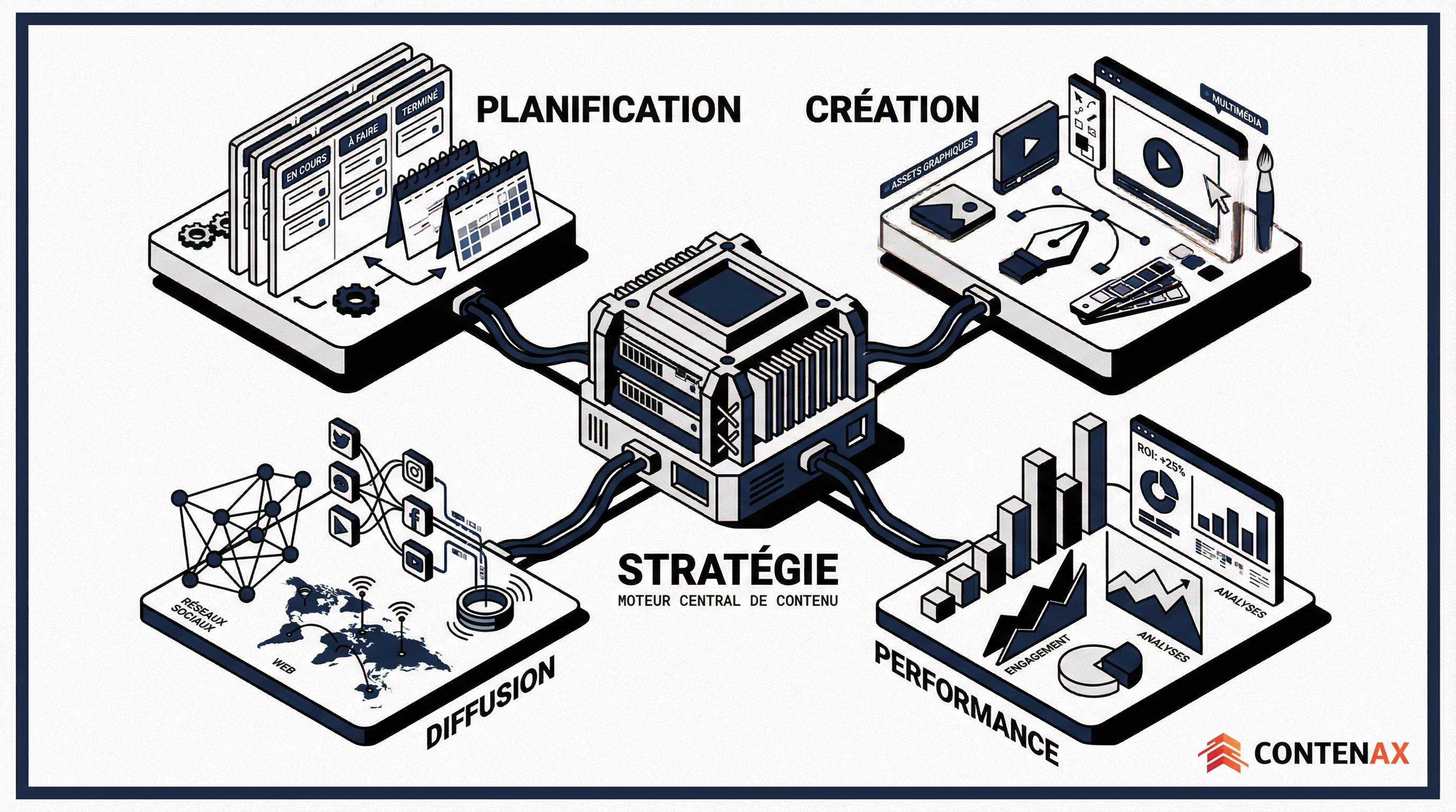 Infographie montrant les 5 étapes du marketing de contenu : planification, création, stratégie, diffusion et performance autour d'un serveur central