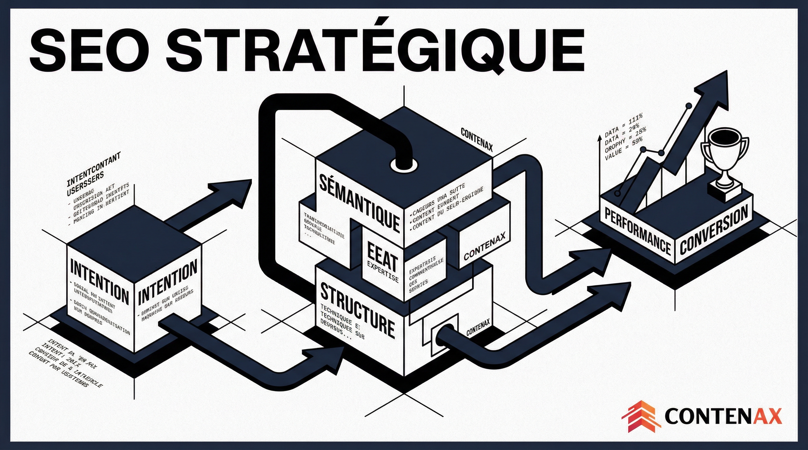 Diagramme isométrique montrant les piliers du SEO avec intention, sémantique, structure et conversion